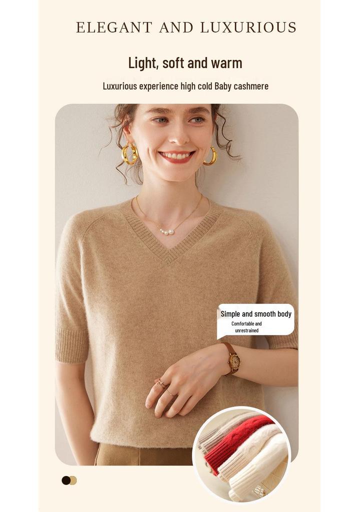 Women's Cashmere V-Neck Raglan Sweater - Short Sleeve, Solid Color, Autumn/Winter Thin Knit T-Shirt