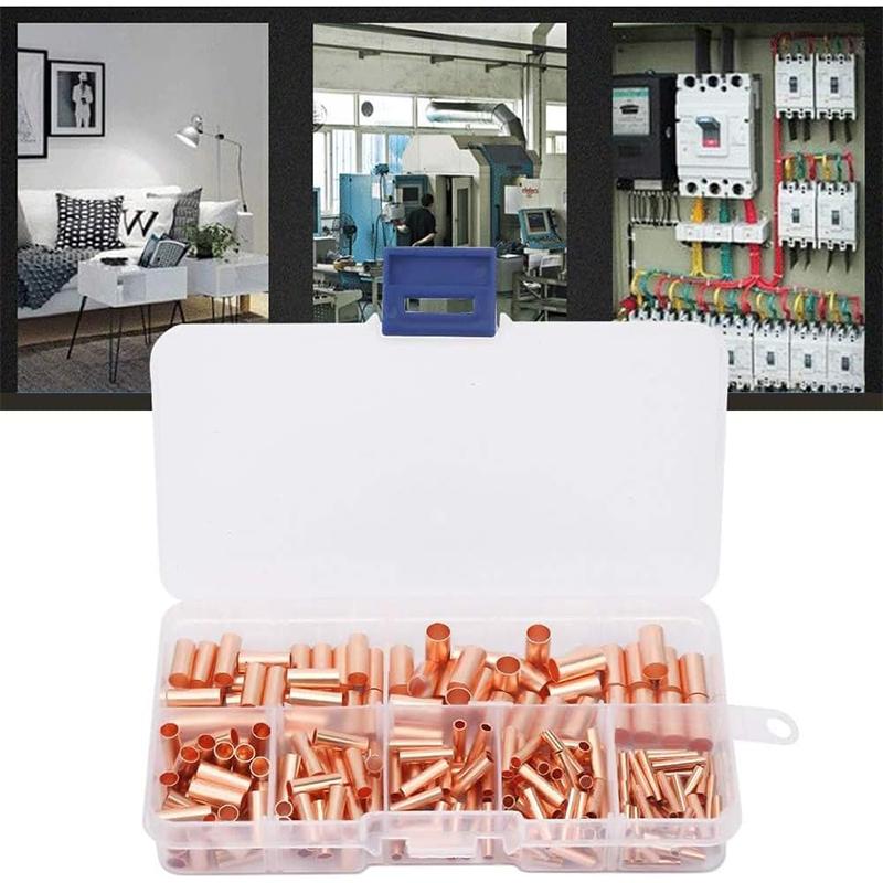 250pcs GT Copper Connecting Pipe Wire Joint Small Copper Tube Terminal Cable Lug Bootlace Ferrule Kit