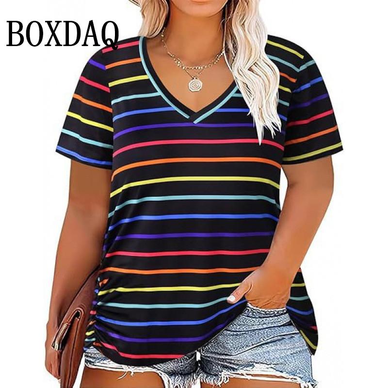 Summer Women Plus Size T Shirts Classic Black White Stripes V-Neck Short