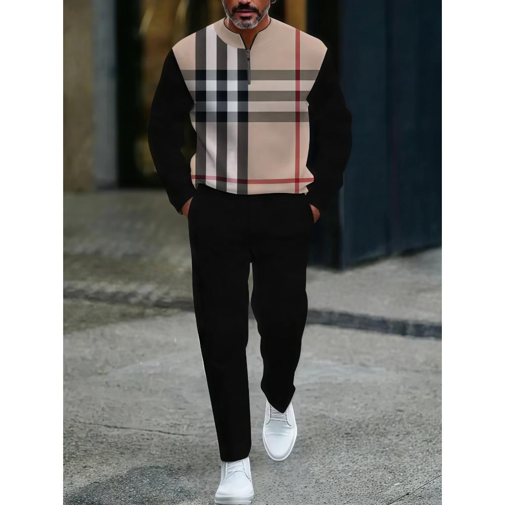 Spring Autumn Fashion Streetwear Men's Long-Sleeved Half-Zipper Stand-Up Collar Casual Sportswear Men's Clothing Two-Piece Set