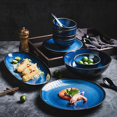 Conjunto de louça de cerâmica japonesa azul para forno, conjunto de louça americana retrô para casa, tigela de arroz, prato de restaurante