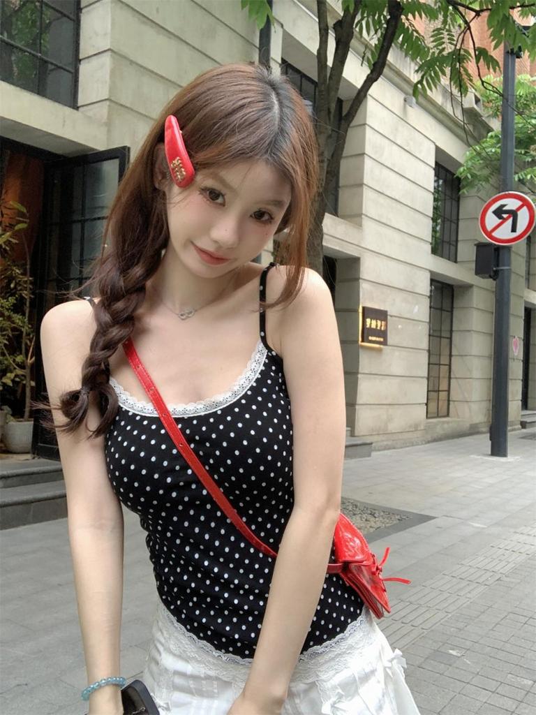 Summer Korean Style Polka Dot Lace Splice Cotton Camisole Top