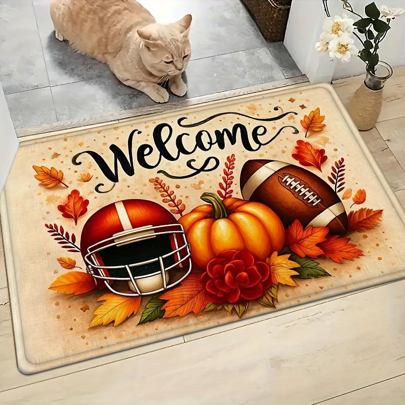 

Thanksgiving Football Pumpkin Doormat, Autumn Leaves Design Non-Slip Rug, Medium Pile Polyester Mat for Seasonal Home Decor 40x60cm