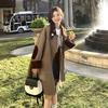 Women's Khaki Corduroy Patchwork Trench Coat - 2025 Autumn Korean Style, Loose Casual Mid-Length
