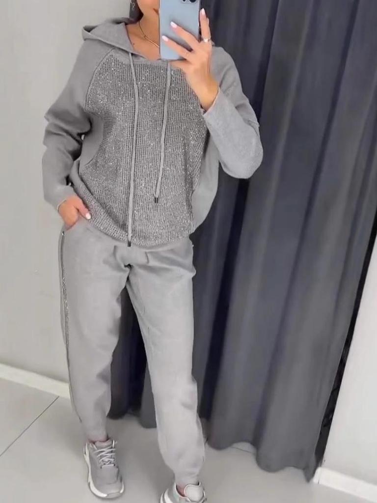 Trendiges Damen-Strass-Kapuzensweatshirt und Jogger-Set für Frühling und Herbst 2024.