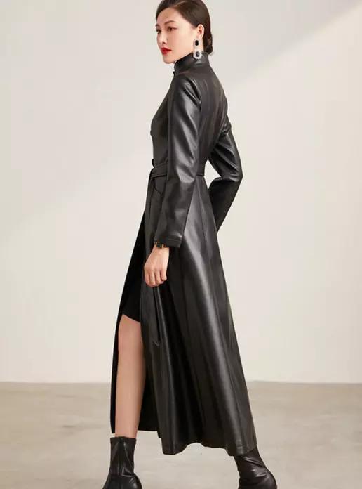 Elegante Casaco Trench Longo Feminino Casual Formal Feito à Mão em Couro de Pele de Cordeiro Genuíno