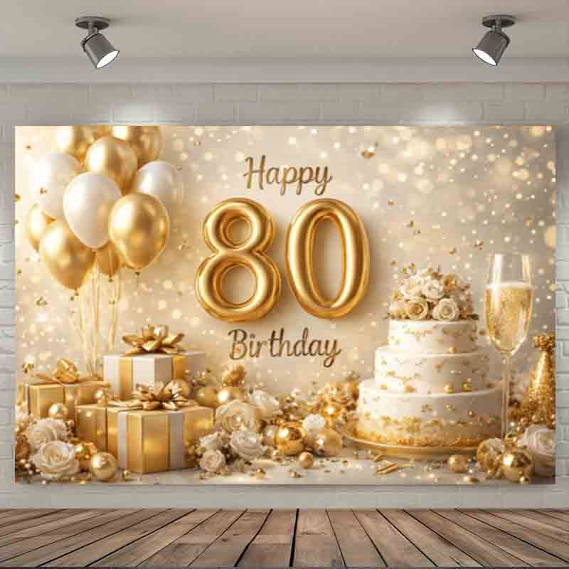 Luxury White Gold 80th Birthday Photography Backdrop Foil Number Balloon Cake Champagne Gift Box 80th Anniversary Party