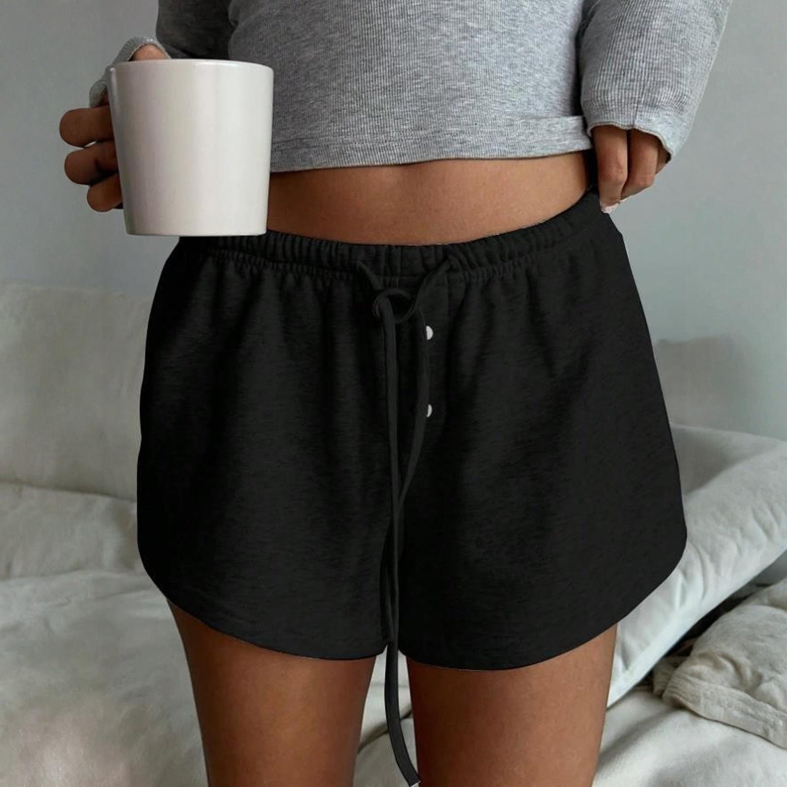 

Ladies Summer Loose Comfortable Casual Fashionable Solid Color Waist Strap Button Knit Shorts S чорний