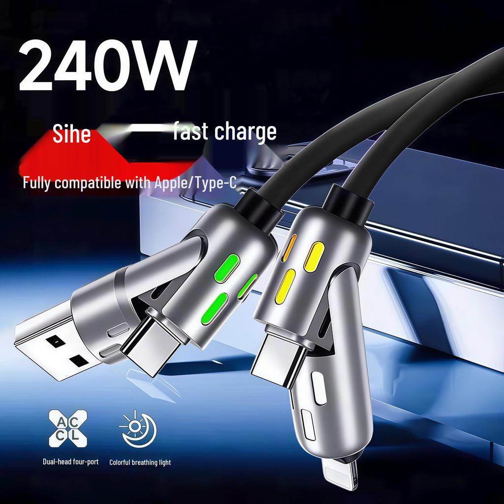 PD3.1 4-in-1 6A Fast Charging Cable with Dual-Light, Compatible with Apple, Type-C, Huawei, and Car Chargers.