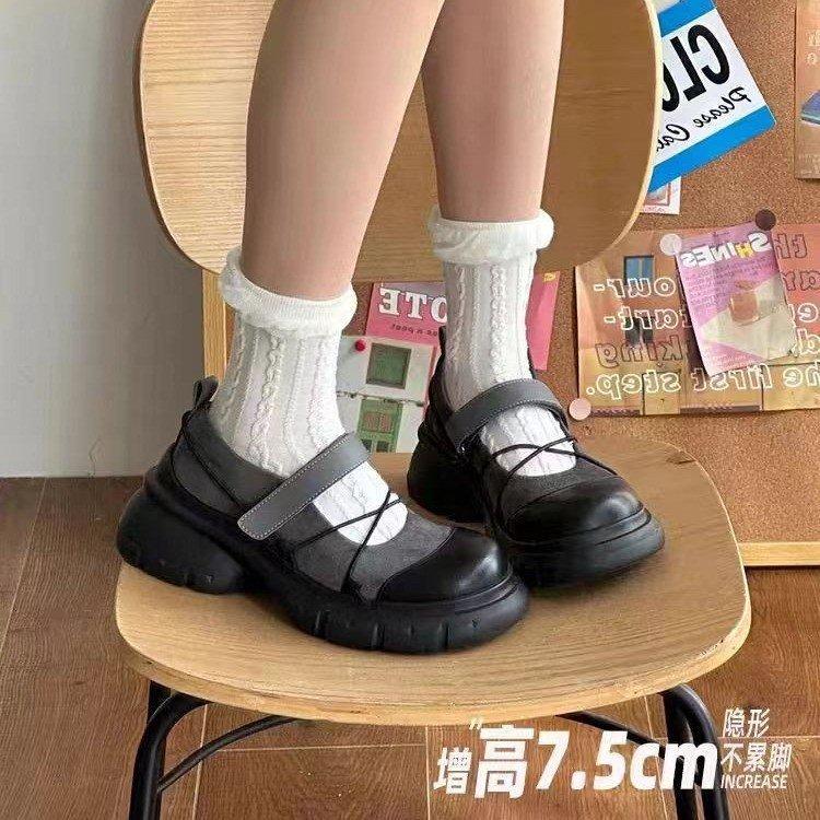 Black round head retro heightened thick-soled Mary Jane shoes, new summer small leather shoes, shallow single shoes