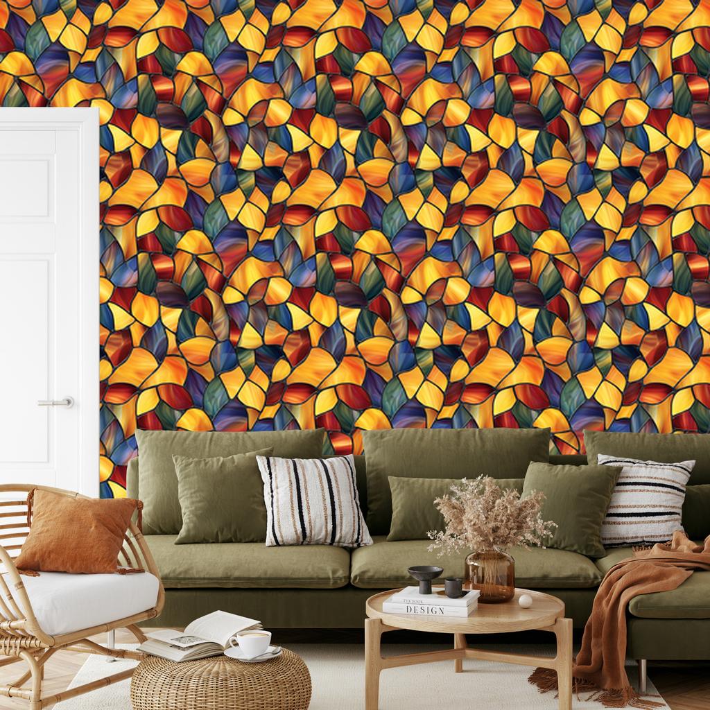 Stained Glass Wallpaper Gold, Orange and Red 50x1000