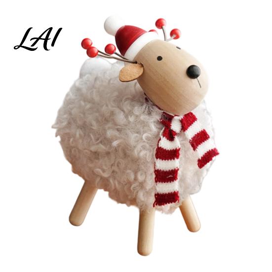Wooden Lamb Ornaments Christmas Sheep Figurine with Scarf Santa Hat Plush Fleece Versatile Wood Art Pieces Tabletop Ornament Rustic Holiday Desktop