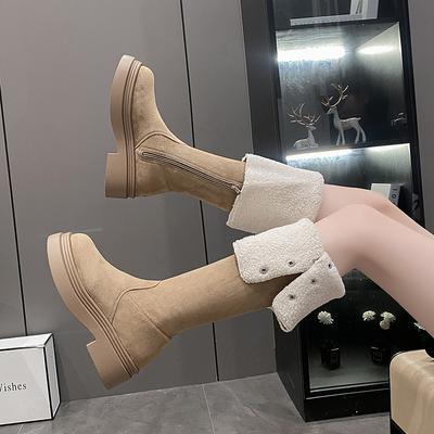 Bottes à semelles épaisses pour femmes 2025 nouvel automne et hiver mais bottes en daim au genou pour femmes bottes de chevalier hautes et fines