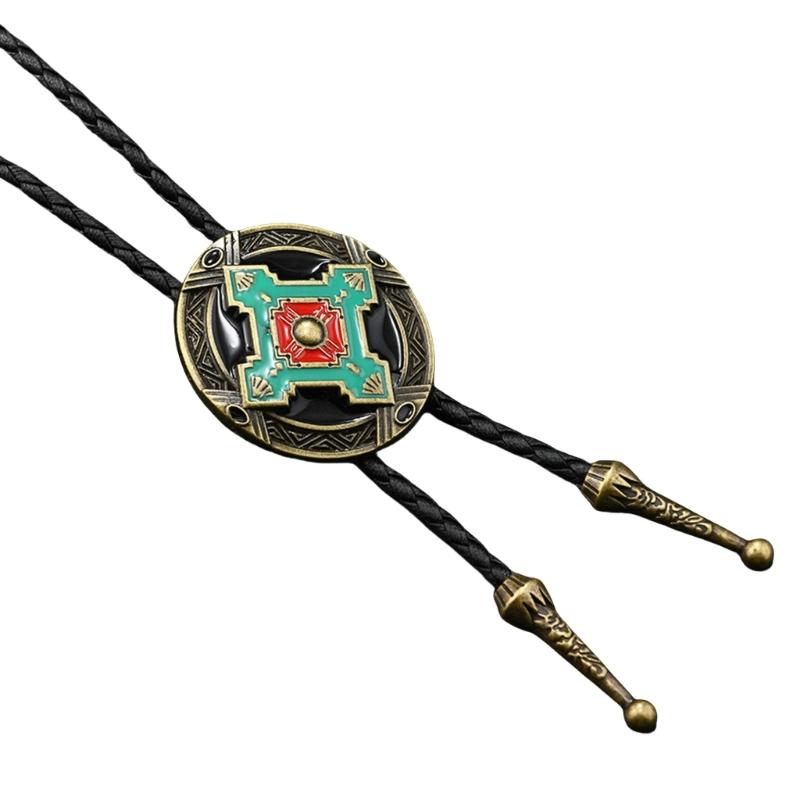 Mens Adjustable Leather Cord Bolo Tie with Enamel Metal Badge Pendant Western Rodeos Outfit Shirt Chain Necktie Necklace