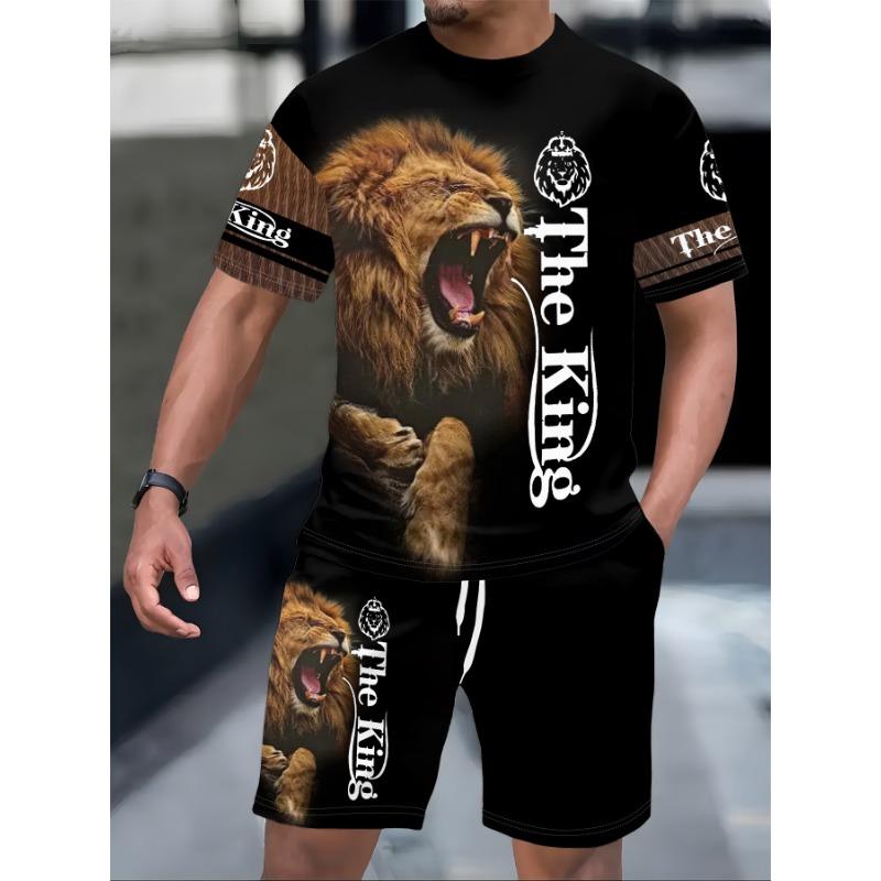 Men s Loose Fit Sport Set: Black Base with Gold Lion Print on Chest & Leg. Comfortable Shorts for Travel, Lounge & Relaxed Gathering S чёрный