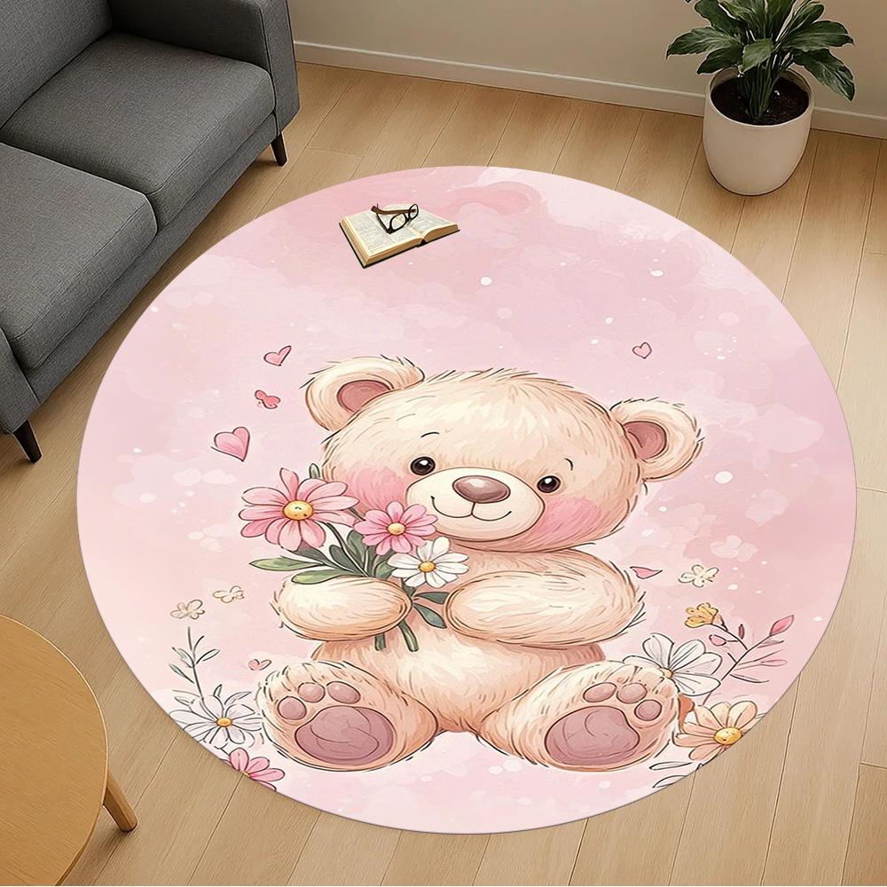 1PC Teddy bear Flowers Round Chair mat Area Rug - Non-Slip, Floor Mat for Office, Bedroom, home decor Christmas Gift c0528068