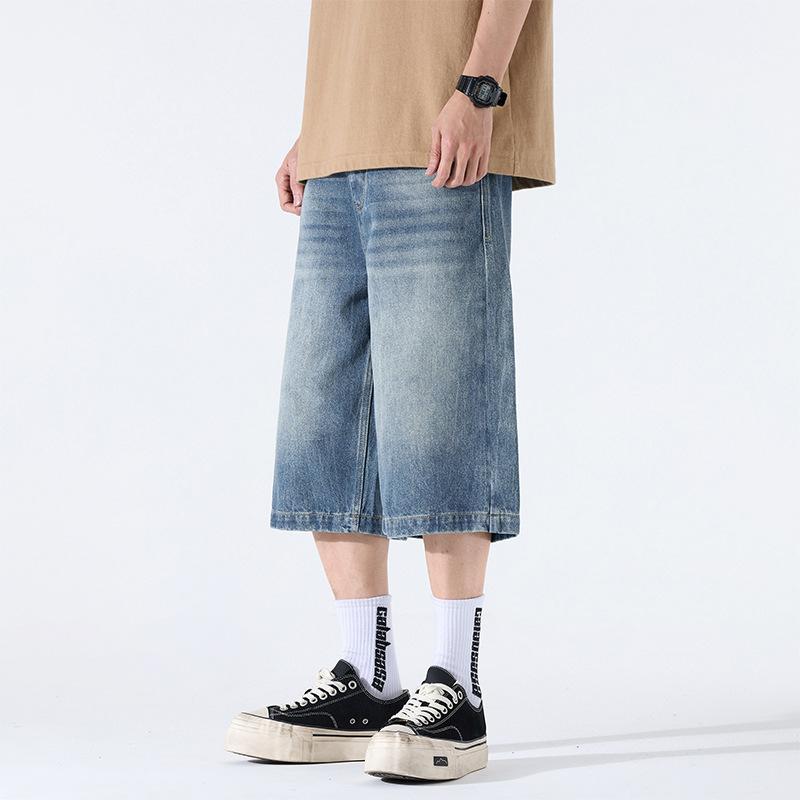 Summer Thin Tennis Denim Shorts Men's Casual Loose Old Cropped Pants