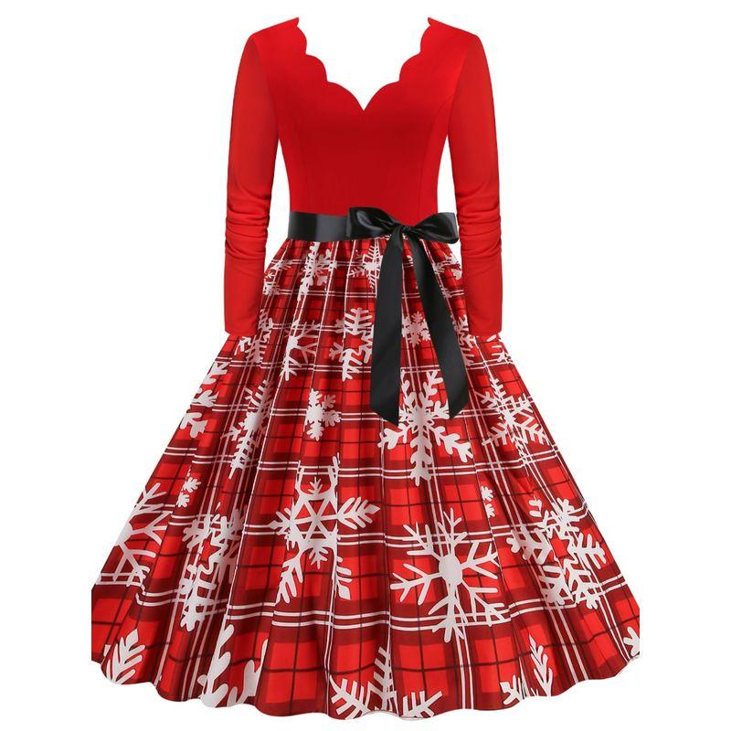 European and American Retro Autumn Burning Flowers V-neck Slim Fit A Word Snowflake Elk Christmas Mid-Length Long Sleeve Dress Formal Dress
