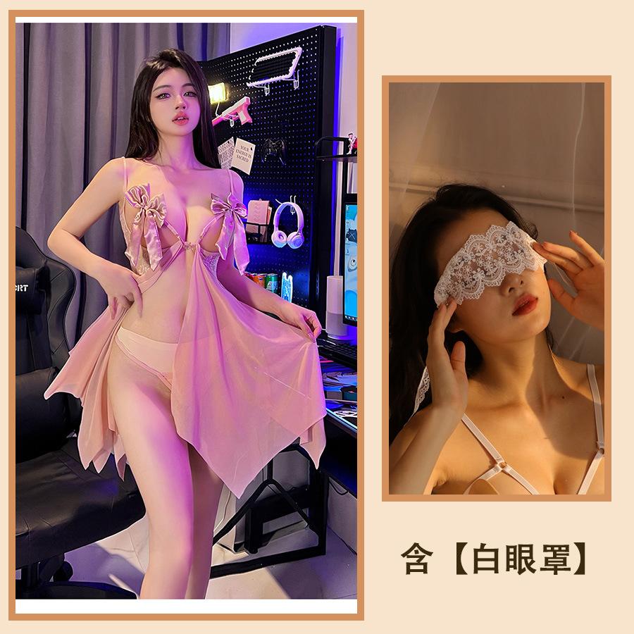 Sexy Underwear, Hot Suspenders, Sexy Hollowed-out Perspective Bow, Split-ended Backless, Passionate Mesh Nightdress Women