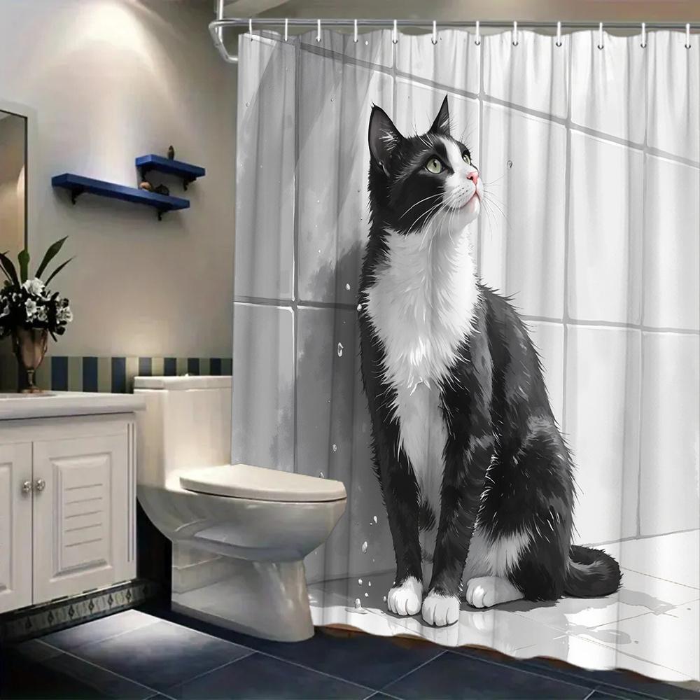 Pandara Jewelry Black/White And Cat Shower Curtain Grayscale Monochrome Including 12 Hooks Suitable For Modern Bathroom Shower Curtain