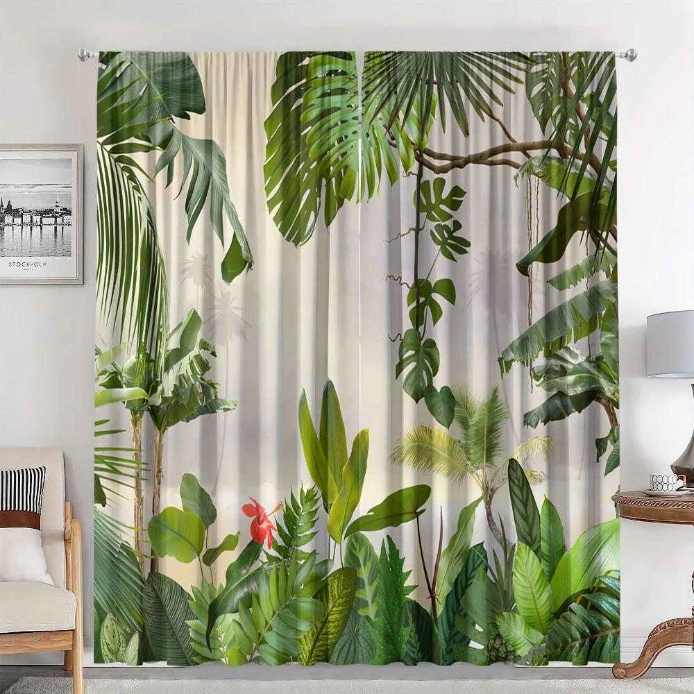 2pcs Nordic Green Plant Leaves Curtains-Light-Filtering WindowTreatment for Kitchen, Living Room, Office, and Bedroom Decor