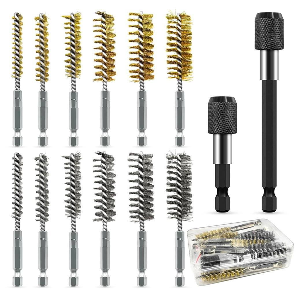 2025+ 14-Piece Bore Brush Set 1/4" Hex Shank with Extension Bar for Power Drills,Impact Drivers,Grinders (8/10/12/15/17/19 mm)