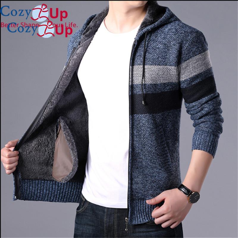 Cozy Up Men's Knitwear with Plush Thickened Zipper Hooded Jacket Loose Casual Cardigan