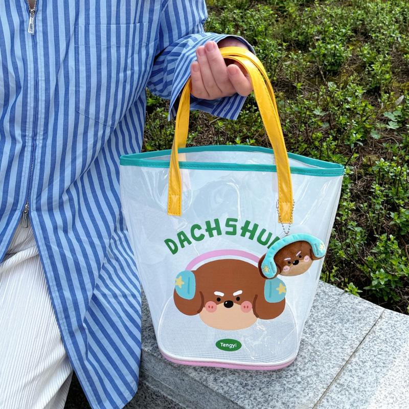 Jelly Beach Bag Waterproof Kawaii Print Pvc Storage Bag Transparent Travel Handbag Shoulder Bag Shopping Bag With Cute Pendant