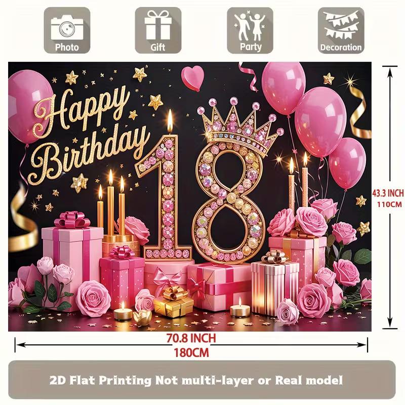 2D Elegant Black Pink 18th Happy Birthday Photography Backdrop with Gift Boxes