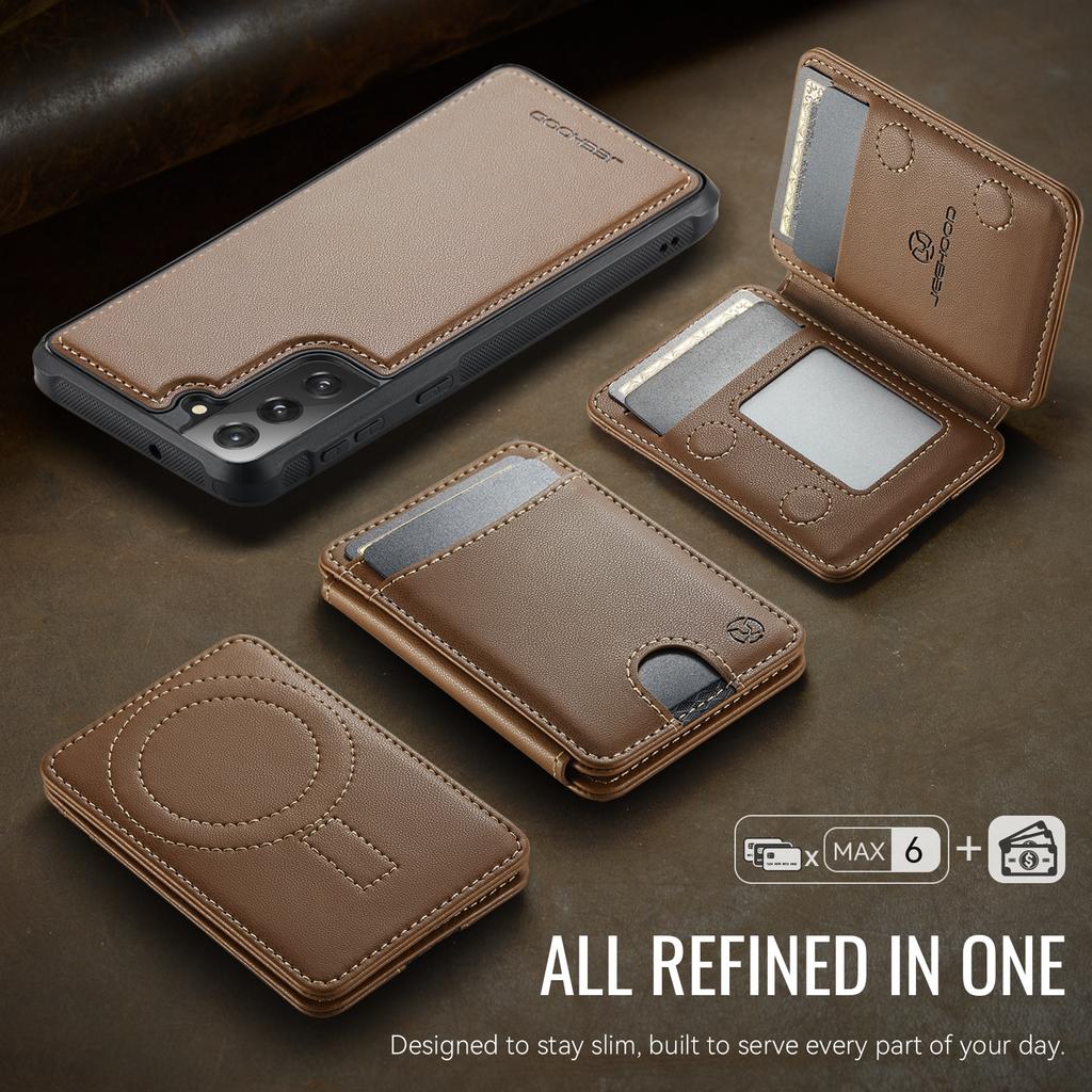 For Samsung Galaxy S22 5G Magnetic Case JEEHOOD J10 Leather Back Phone Cover with Detachable Card Holder Kickstand