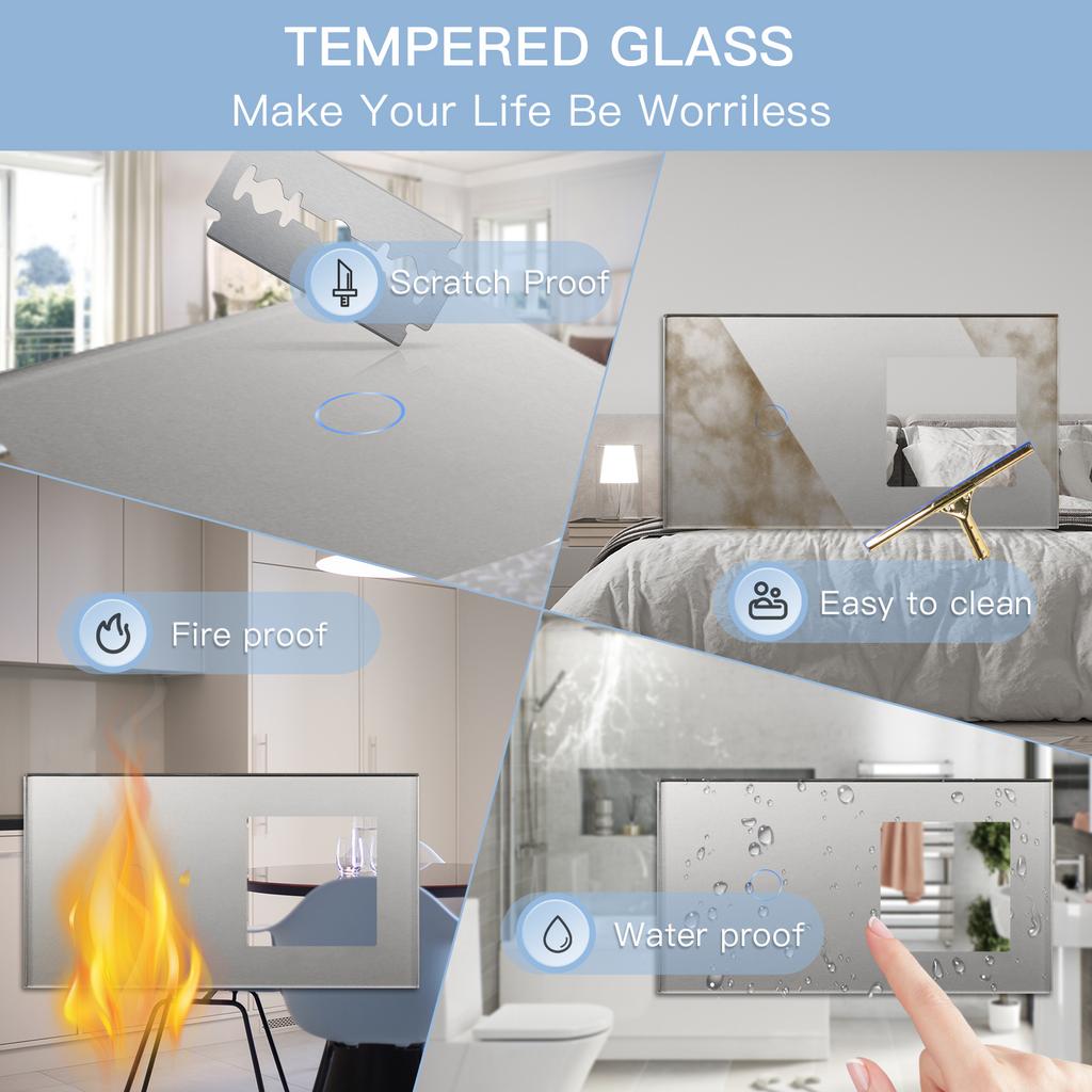 BSEED WLAN Touchschalter 1/2/3fach mit normaler FR-Steckdose Glasplatte Smart Wandschalter für Licht Tuya APP Steuerung Blaue Hintergrundbeleuchtung