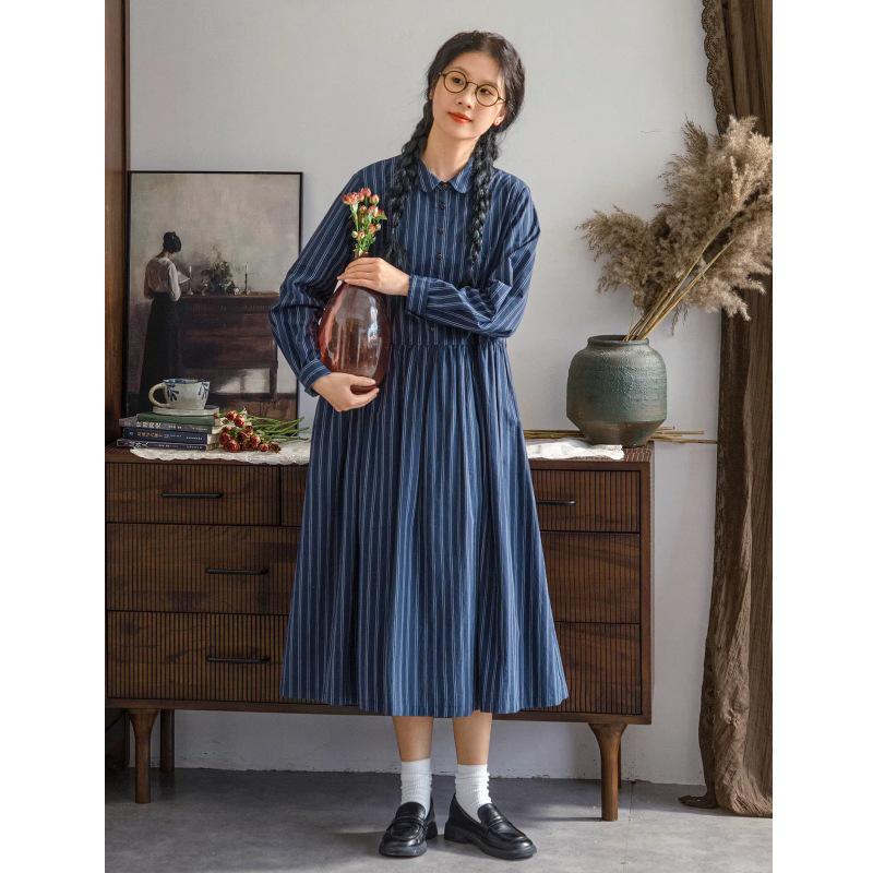 

2026 Spring Japanese Casual Cotton Linen Striped Tie-Waist Dress M синий