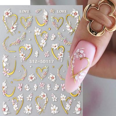 5D Embossed Kawaii Floral Gold Line Sliders Spring White Flowers Nail Stickers DIY Petals Wedding Nails Decals Accesories
