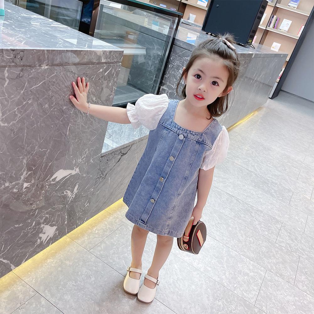 Children Dress Summer Girl's Denim Skirt with Strap Single Breasted Ruffle Short Sleeve Denim Skirt