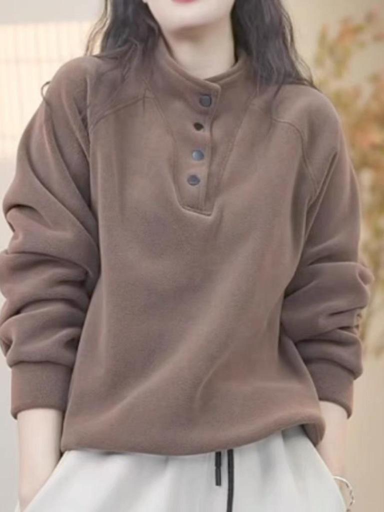 Women's 2025 Autumn/Winter Velvet Sweatshirt: Button Stand-Up Collar, Loose Fit, Plus Size, Fleece-Lined, Warm, Long-Sleeved Top