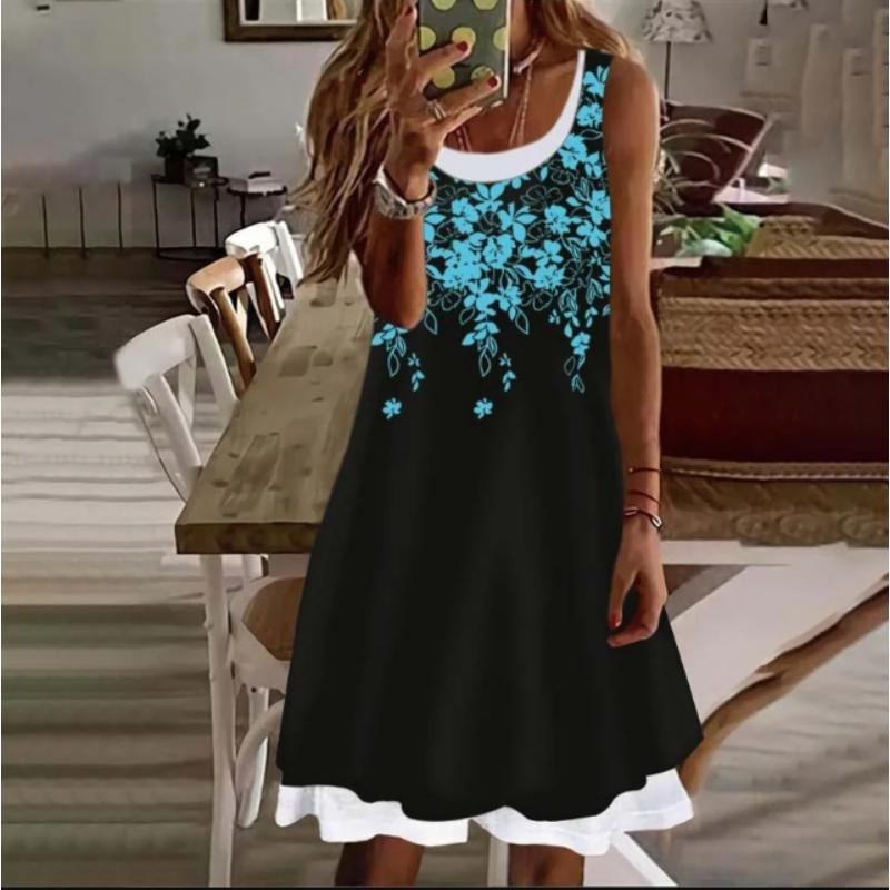 Woman Clothes Dresses Printed Sleeveless Knee-high U-neck Casual Soft and Comfortable Loose Floral Fake Two Pieces Female Dress