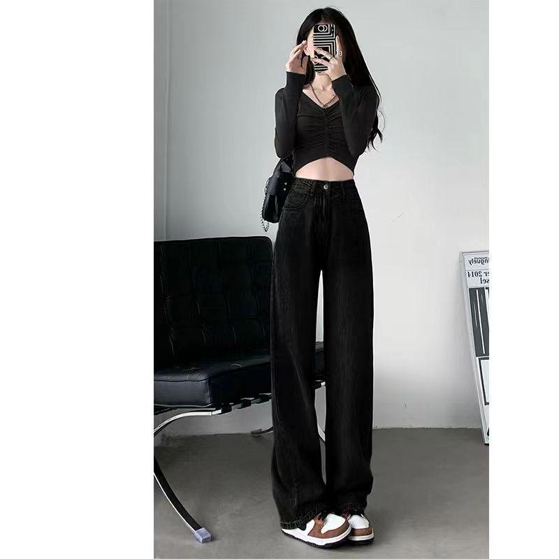 High Street Retro High-Waisted Wide-Leg Jeans - Women s Autumn Slimming Straight Floor-Length Pants XL