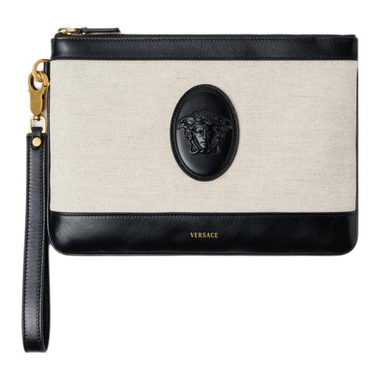Versace Rivière Logo Zip Closure Linen Cotton Blend Calfskin Clutch Women Clutch Black Beige 1025251-1A17864-2K00J