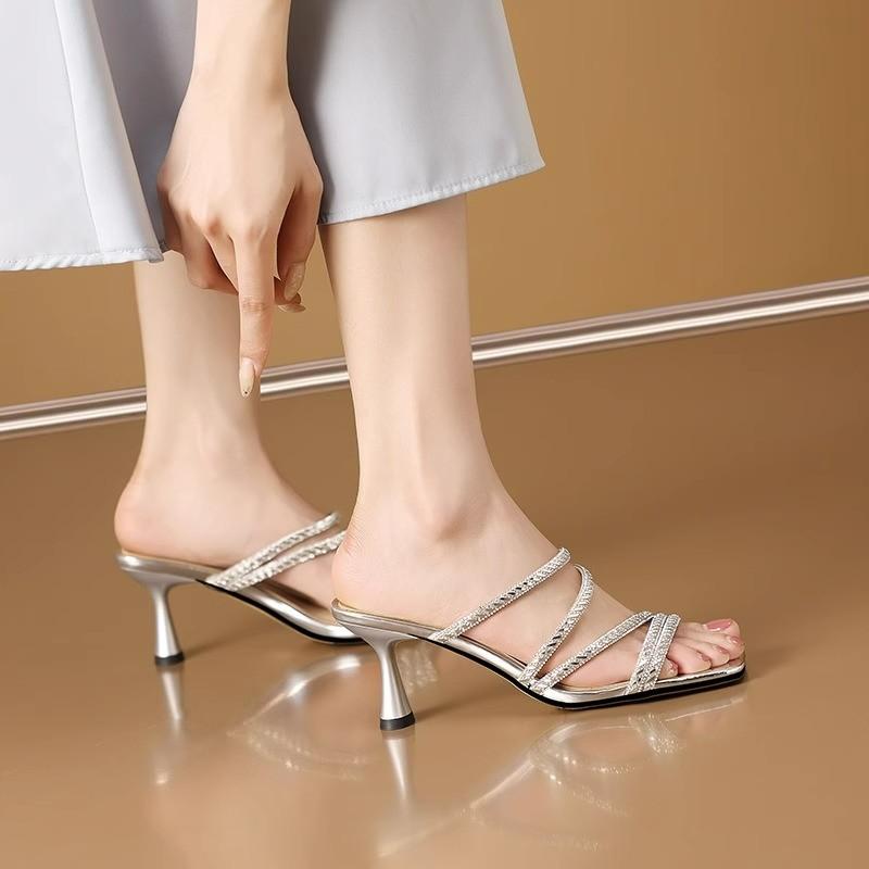 Summer New Style Stiletto Sandals Women's Square Head Open Toe Crystal Line with Anti-slip Wear-resistant High-heeled Slippers