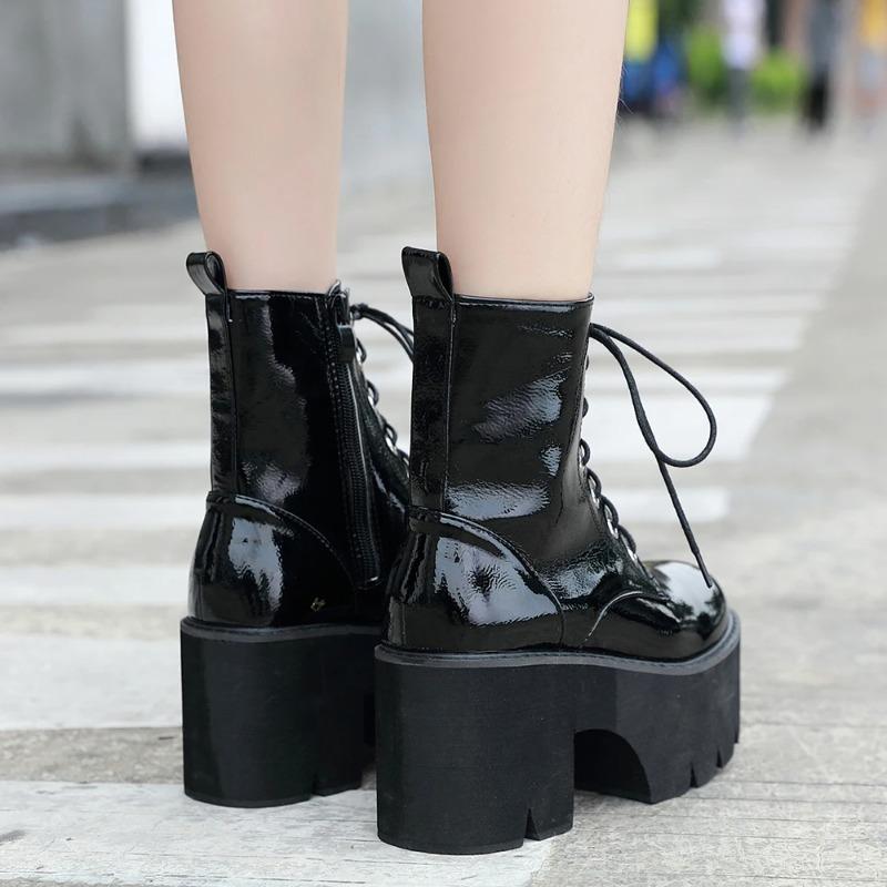 Fashion Women's Side Zipper Platform Boots Comfy Round Toe Lace Up Shoes Fashion Solid Color Comabt Boots Chunky Heels