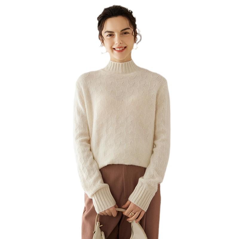 Twisted Flower Half-High Collar Cashmere Knit Sweater - Women's Solid Color, Long-Sleeve, Versatile Pullover, Comfortable Base Layer.