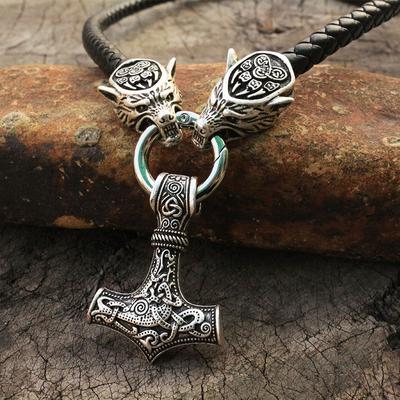Colier bărbați Cap de lup viking cu ciocanul lui Thor Mjolnir Colier pandantiv Talisman nordic Bijuterii etnice