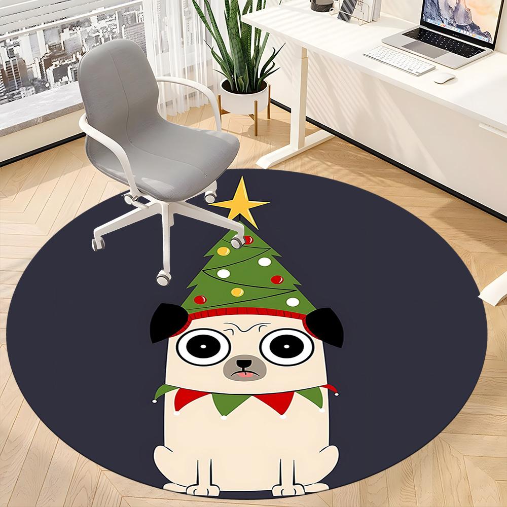1pc Christmas Pug Office Round Area Rug, Indoor Mat Suitable ForOffice, Under Office Chairs Bedroom Living Room Home Decor, Room Deco T117
