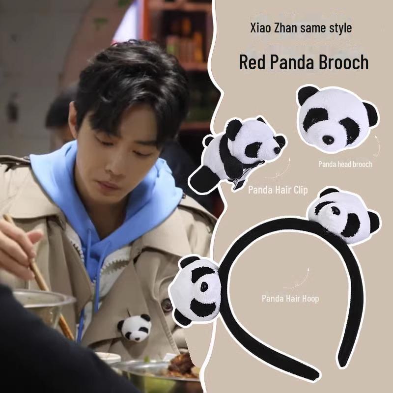 Korean Cute Cartoon Bear Panda Brooch with Plush Doll and Hair Accessories Set