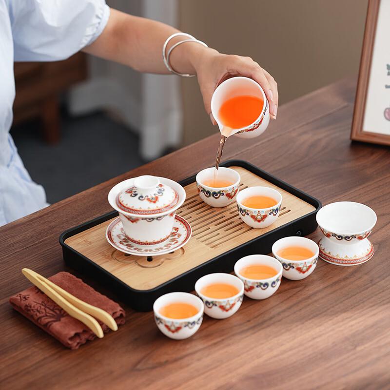 Nordic Ceramic 10-Piece Tea Set with Red Dunhuang Gaiwan
