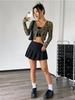 Spring Elegant Women's Transparent Mesh Flocking Front Tie Long Sleeve Top Versatile Closet Essential Fashion Items Shirt