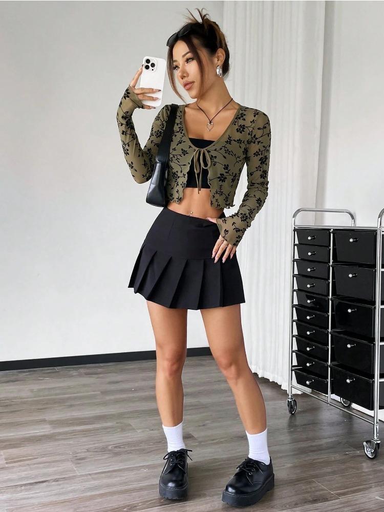 Spring Elegant Women's Transparent Mesh Flocking Front Tie Long Sleeve Top Versatile Closet Essential Fashion Items Shirt