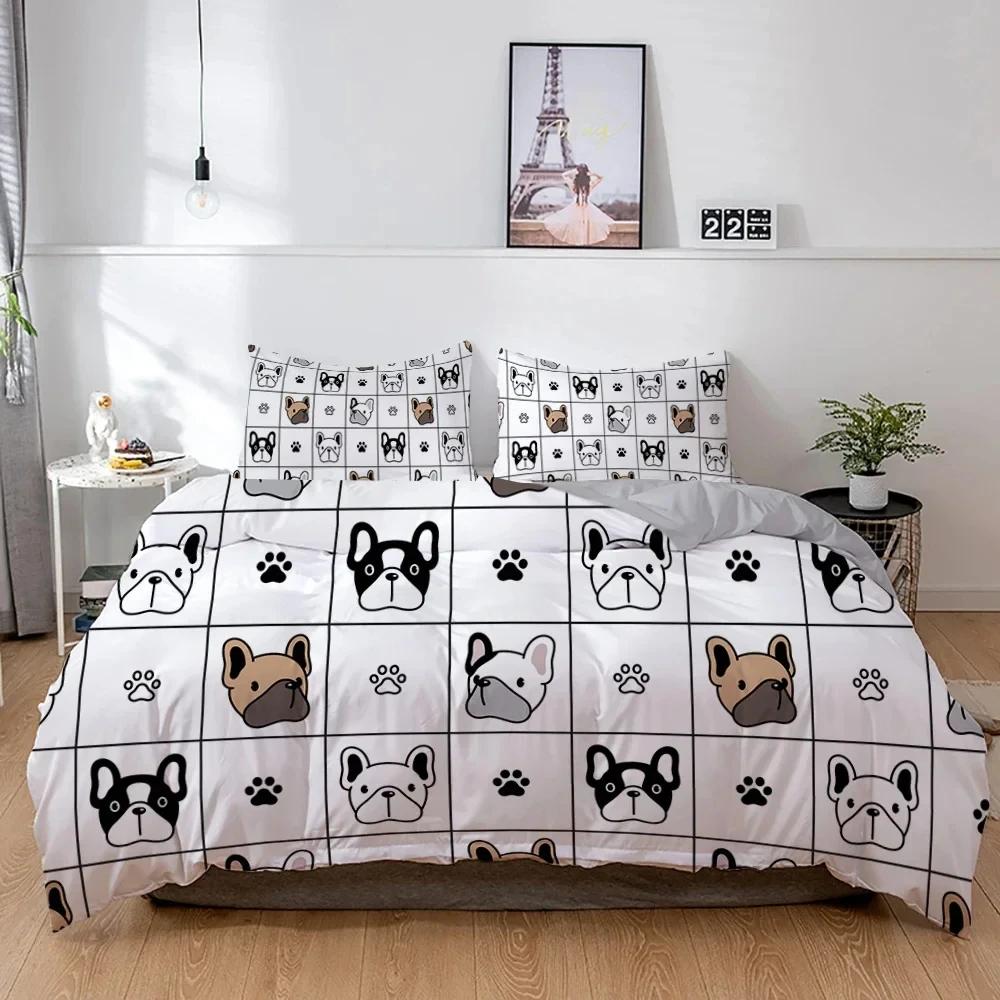 3D Povlečení pro psy Roztomilé štěně francouzského buldočka Sady povlaků na přikrývky Kreslený povlak na postel Domácí textil s domácími zvířaty Queen 2/3 ks King Full