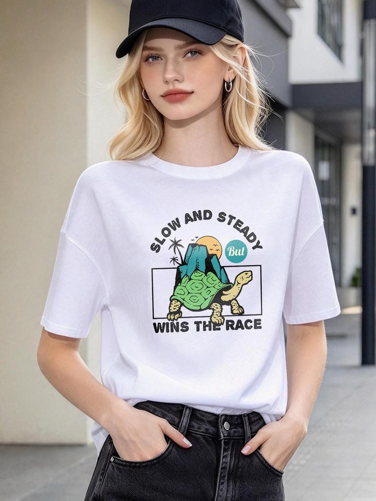 Casual Turtle Print Cotton Tee Summer Comfortable Loose Unisex Short Sleeve Top
