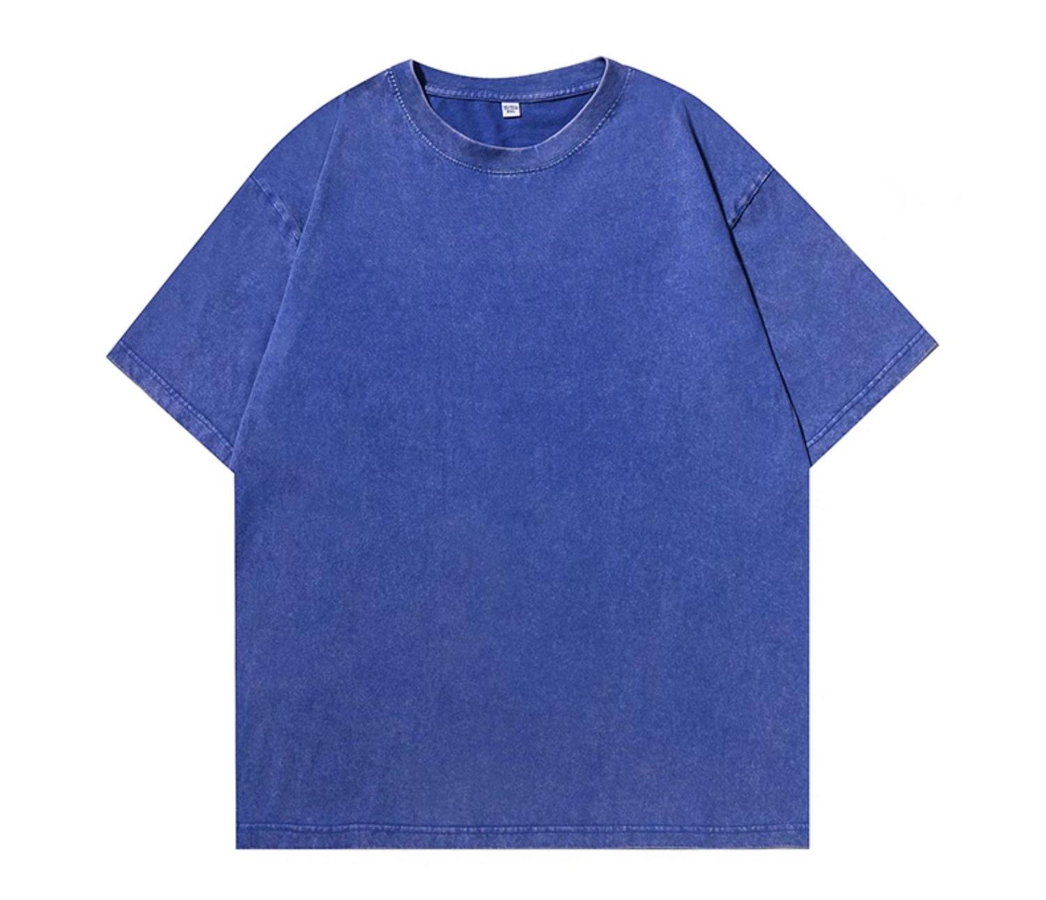 Unisex 230g Heavyweight Washed Cotton Tie-dye Distressed T-shirt - Summer Short Sleeve Drop Shoulder S синий